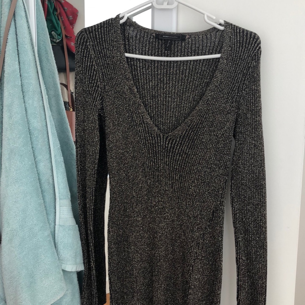 BCBG Max Azria black/gold ribbed dress w slit